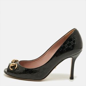 Gucci Horsebit Size 35 Black Microguccissima Patent Leather Peep Toe Pumps